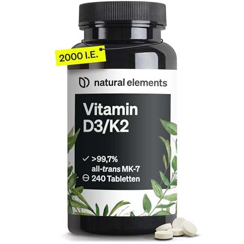Vitamin D3 + K2 – > 99,7% all-trans MK-7 & 2000 IE Vitamin D3 – 240 Tabletten – hochdosiert, optimal bioverfügbar – ohne unnötige Zusätze – in Deutschland produziert