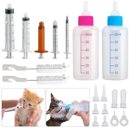 DONQL Aufzuchtflasche Kitten, 2 Stück Aufzuchtflasche Katze 60ml, Aufzuchtflasche Hund Mit 10 Nippel 5 Spritze, Katzen Flasche Set, Kitten Milch Aufzucht Für Welpen, Kätzchen, Eichhörnchen Kalb Lamm