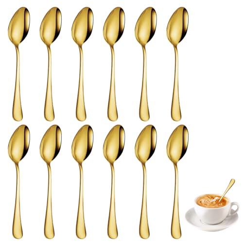 12 Stück Kaffeelöffel Edelstahl, 13.6cm Teelöffel Gold, Espresso Löffel, Dessertlöffel, Löffel Klein Polieren von Spiegeln, Müslilöffel, Spoon Set für Geeignet für Haus, Restaurant, Hotel, Hochzeit