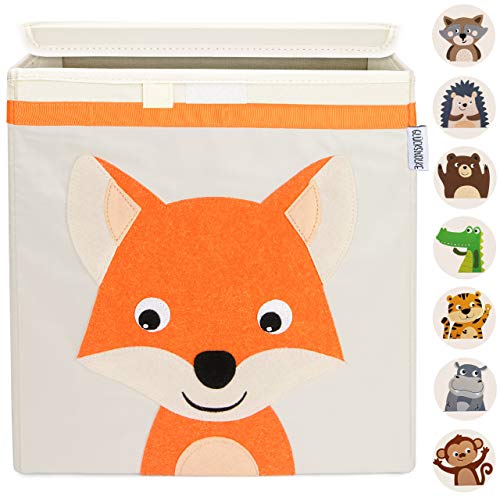 GLÜCKSWOLKE Aufbewahrungsbox Kinder - 15 Motive, Spielzeug Kiste mit Deckel, Spielzeugbox (33x33x33) zur Aufbewahrung im Kallax Regal, Waldtiere Motiv Fuchs für Kinderzimmer (Willi Wildfuchs)