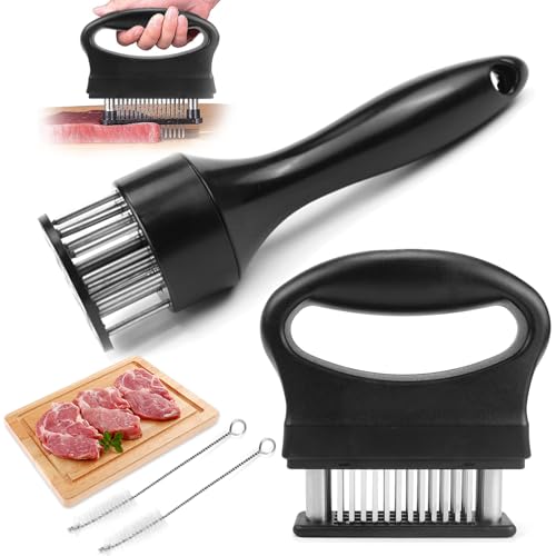 WPPQWP 2 PCS Fleischzartmacher Edelstahl(Rechteckigen und Rund)Mit 2 Reinigungsbürsten, Steaker Fleischzartmacher Kitchen Aid, 48 Klingen+21 Klingen, Für Rind- und Schweinefleisch (Quadratisch + Rund)