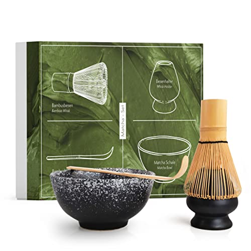 Matcha Set aus Besen, Schale, Löffel und Besenhalter - handgefertigtes Geschenk-Set für die traditionelle Zubereitung von Matcha Tee