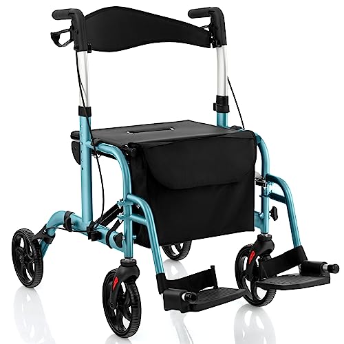 COSTWAY Rollator faltbar und leicht mit Sitz, 2 in 1 Rollstuhl & Reiserollator Leichtgewicht, Gehhilfe 6-fach höhenverstellbar, Gehwagen mit Tasche & Bremsen & Stockhalter, Aluminium (blau)