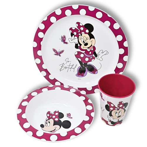 Stor Minnie Mouse Kinder Geschirr Set - Frühstücksgeschirr BPA frei - Mädchen Kindergeschirr Set - Baby Geschirrset - Camping Geschirr aus Kinderteller, Müslischale & Kinderbecher