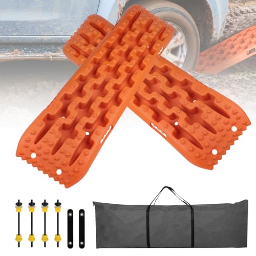 EXLECO 2er Sandbleche Wohnmobil Anfahrhilfe Offroad Zubehör Recovery Board Traktionshilfe Auffahrkeile PKW Anhänger Reifenleiter Traktionsband Traktionsmatte Gripmatte für Sand Schlamm Schnee Orange