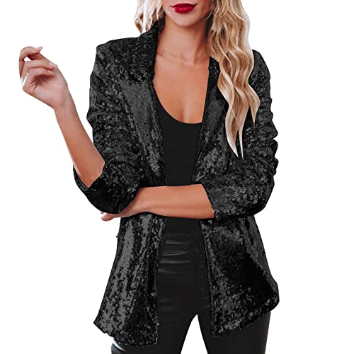 2025 Damen Pailletten Pailletten Schimmer Jacke Langarm Glitzer Party Glänzend Mantel Rave Oberbekleidung Kleid Dreiviertelarm (Black, S)