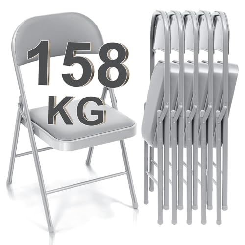 BULAGE Klappstuhl 6er Set Klappstühle Gepolstert, Metall Stapelstühle bis 158 kg Stuhl Klappbar Garten Klappsessel, Bequemer Klappstuhl für Gäste, Küche, Yoga, Camping, Grau