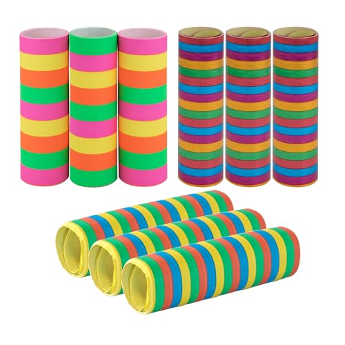 Idena 90255 - Luftschlangen Mix, Set aus 9 Rollen in Pastell-, Neon- und Metallicfarben, 9-18 Abrisse, als Party Deko oder zum Geburtstag