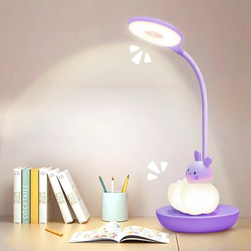 FemKey LED Schreibtischlampe für Kinder, Augenschutz Leselampe, Wiederaufladbare USB Energiespar Nachttischlampe, Dimmbar Touchsensor Tischlampe, Cartoon Kaninch Lila