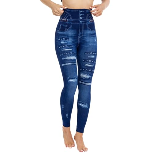 Gefälschte Jeans mit Denim-Print für Damen sehen wie Leggings, sexy, dehnbar, hohe Taille, schmale, dünne Jeggings Jeggings Damen High Waist Jeansoptik Damen Langgrößen Yoga (24-0212A-Dark Blue, M)