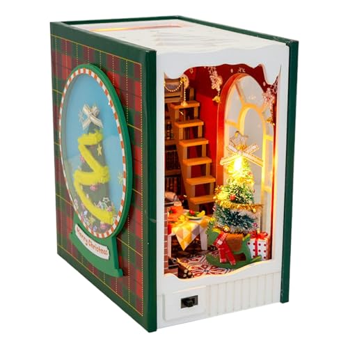 Weihnachts-Buchecke – Miniatur-Buchstützen-Set, Buchstützen-Weihnachts-Miniatur-Buchecken-Set | 3D-Miniaturhaus-Bausatz aus Holz mit LED-Licht, Bücherregal-Einsatz zum Basteln für Zuhause, Café, Buchh