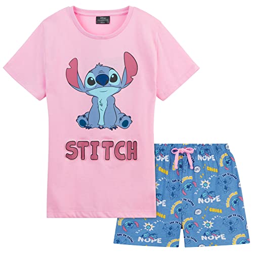 Disney Stitch Schlafanzug Kinder Mädchen Kurz Nachtwäsche Tshirt und Schlafhose Kurz Set für Kinder und Teenager Jungen Mädchen 4-14 Jahre (Rosa/Blau Stitch, 9-10 Jahre)