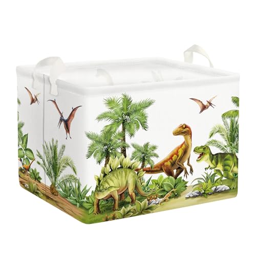Clastyle 36L Groß Grün Wald Dinosaurier Kinder Aufbewahrungskorb mit Henkel Palme Rechteckig Spielzeug Kleidung Aufbewahrungsbox für Kinderzimmer Bad