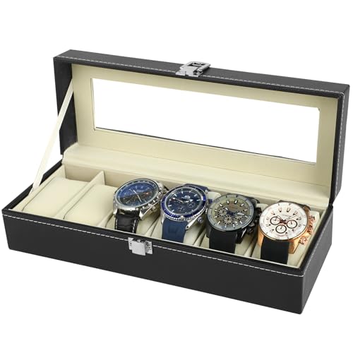 Atliberswo Uhrenbox mit 6 Fächern, Watch Box, Uhrenkasten mit Glasdeckel,abnehmbare Polster, Schloss aus Metall, schwarz beschichtet und Futter in Grau