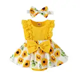 ESSECMBS Baby Mädchen Sommer 2 Stück Strampler Kleid Anzug Spitze Rüschenärmel All-in-One Blumendruck Body Kleid mit Stirnband Neugeborenes Strampelanzug (Gelb, 3-6 Monate)