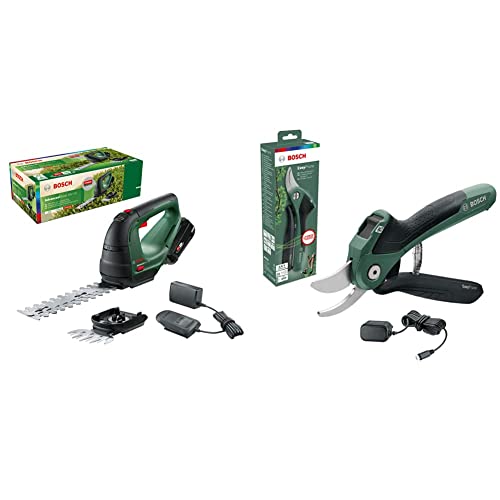 Bosch Akku Grasschere AdvancedShear 18V-10 (1 Akku 2,0 Ah, 18-Volt-System, bis zu 85 m² pro Akkuladung) & elektrische Gartenschere EasyPrune (integrierter 3,6 Volt Akku, 450 Schnitte/Akkuladung)