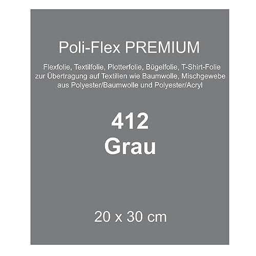 Generisch [30,00 €/m²] Bügelfolie Textilfolie Flexfolie Poli-Flex Premium grau 30x20cm Textilveredelung T-Shirt aufbügeln Bügelbild Plotterfolie bügeln