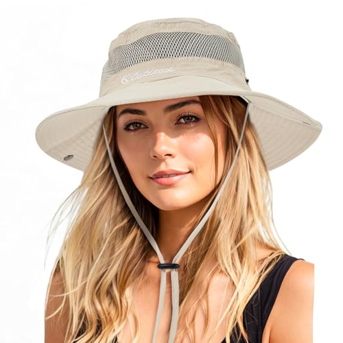 Durio Sonnenhut Damen und Herren - Outdoor Sommer Wanderhut UV-Schutz Bucket Cap mit Kinnriemen Fischerhut Safarihut Faltbar Mesh Breite Krempe Campinghut Beige