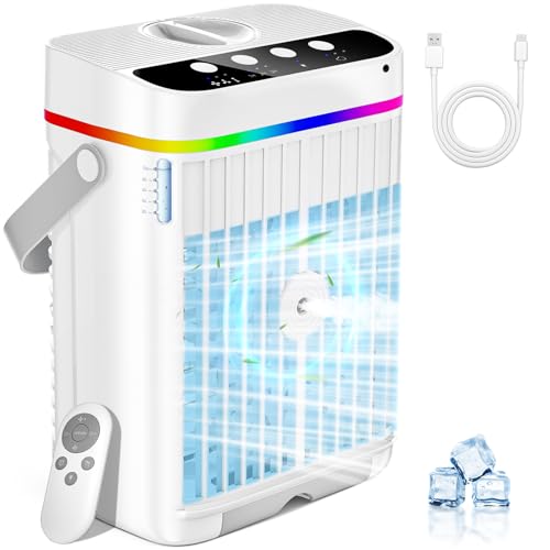 Mobile Klimaanlage, 4 in 1 Mobiles Klimagerät mit Kühlen Nebel, Klimaanlage Mobil ohne Abluftschlauch Luftkühler Mini mit 3 Stufen & 7 Farben Nachtlicht, Tragbarer Air Conditioner für Zuhause/Büro