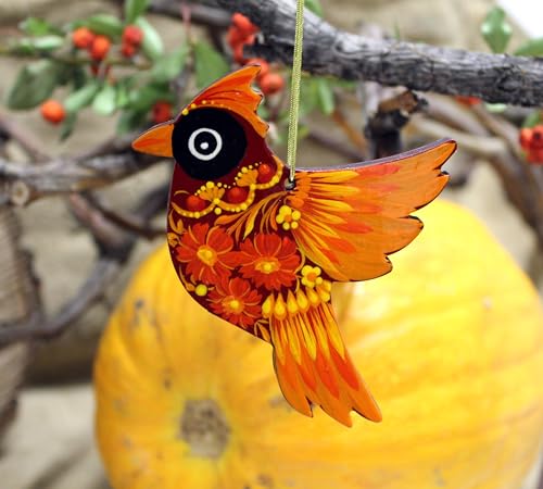 Christbaumschmuck Kardinal Vogel aus Holz 9.5 х 8 cm Kunstvoll Handbemalt in der Ukraine nach Petrykiwka Tradition, Flacher Ukrainischer Weihnachtsschmuck
