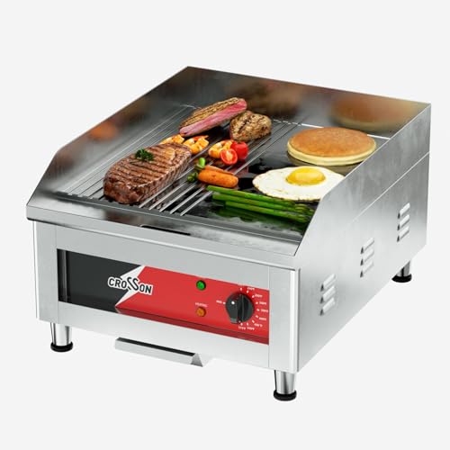 CROSSON Profi Gastro Grillplatte Elektrisch mit halb glatter und halb gerillter Grillfläche (40 x 40 cm) aus 10 mm starkem Gusseisen und 300℃ precise EGO Thermostat