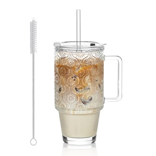 KEMORELA 710ml (24oz) Glasbecher mit Deckel & Strohhalm, Eiskaffeebecher mit Henkel, Smoothie Glas mit Blumenmuster, wiederverwendbar für kalte Getränke