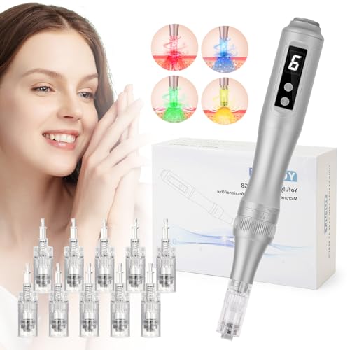 Yofuly Derma Pen mit LED Licht, Dermapen mit LCD und 6 stufen, Elektrisch Dermapen mit 10 Stk Patronen (11/16/24/36/Nano) für Gesicht und Körper, Grau