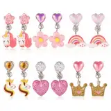 6 Paar Ohrclips zum Anklipsen, Bunte Nicht Durchbohrte Ohrclips aus Kunstharz mit Einhorn Regenbogen Krone Blume und Herz zum Anklipsen von Prinzessinnen Schmuckzubehör