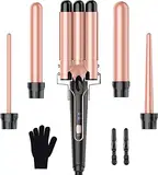 BESTOPE PRO set Welleneisen - Lockenstäbe 3 Fässer für Große Keine Locken Keramik Lockenwickler Verschiedenen Aufsätzen Temperatureinstellung Schnelle Erwärmung Handschuh 2 Clips Rose Gold 5 in 1