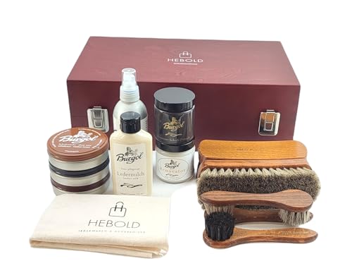 Hebold Schuhmacherei Profi Schuhputzkasten Mahagoni-Silber – 15-teiliges Schuhpflegeset, elegant & klassisch, nachhaltig & praktisch, inklusive Gravur – Made in Germany