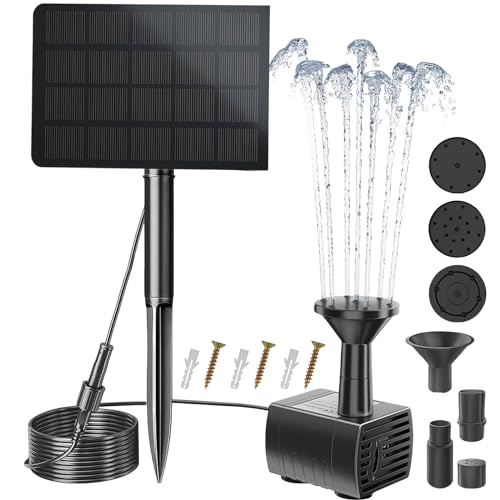 WIYETY 2.5W Solar Springbrunnen, Solar Teichpumpe mit 3m Wasserleitung & Pfahl & 4 Brausen, Solar Brunnen, Solar Schwimmender Fontäne Pumpe für Garten, VogelBad, Teich, 200L/H