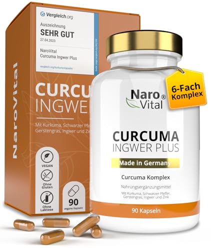 Kurkuma Ingwer Kapseln hochdosiert - Mit Curcuma Extrakt, Gerstengras, Kurkuma Pulver, Ingwer, Piperin, Curcumin - 90 vegane Kapseln - Alternative zu Tabletten