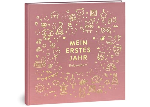 Mein erstes Jahr Babyalbum - Hochwertiges Leinenbuch mit Goldprägung für die schönsten Erinnerungen - Babybuch zum Eintragen für das erste Lebensjahr - Baby Geschenk zur Geburt (Spielzeug Rosé)