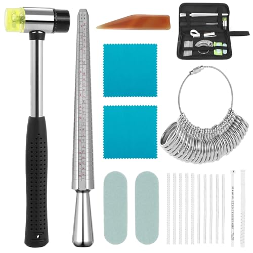 KEESIN Ring Sizer Tools Set,20PCS Schmuck Sizer Tools Set Gauge Schmuck Werkzeug Ringgrößenwerkzeug mit Gummihammer,Fingermaß Größenangabe Ringdorn, Poliertuch, Achat-Polierer