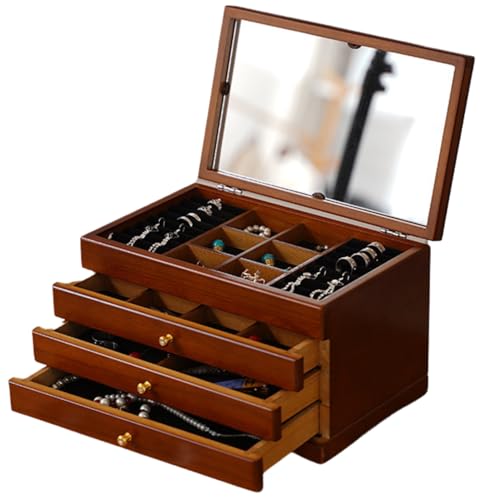 ZAXER Elegante Holz-Schmuckschatulle mit 4 Schubladen und Spiegel – Stilvolle und sichere Aufbewahrung für Ihre wertvolle Schmuckkollektion