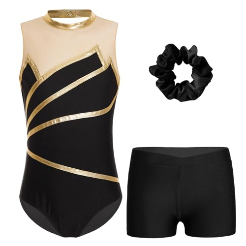 Kvysinly Glänzend Turnanzug Mädchen Gymnastikanzug Set Turnbody mit Haarband und Hose Ballettkleidung Tanz Training Dancewear Gold 122-128