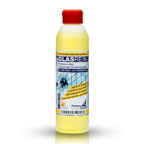 GLASREIN | Profi-Glasreiniger - Konzentrat mit 250 ml - Fensterreiniger - Scheibenreiniger - Fensterputzmittel für effektive Glasreinigung mit Lotus Effekt - Nachhaltig und vegan
