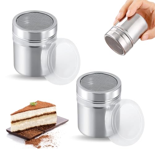 2 Stück Puderzuckerstreuer, Edelstahl Streuer, Mehlstreuer mit Frische Kakaostreuer für Kakao, Cappuccino, Kaffee,Schokolade,Zucker,Salz für Backen und Kochen