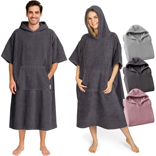 CalmyBEACH Frottee Badeponcho Damen Herren - Strandponcho 100% Baumwolle Surf Poncho Erwachsene Handtuch Kapuze Bade Surfponcho Bademantel (Anthrazit, L/XL)