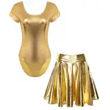 Loodgao Damen Metallic Body Kurzarm Rundhals Ballett Tanz Gymnastik Turn Anzug Trikot mit Glänzend Skater Glocken Swing Eiskunstlauf Rock Gold M