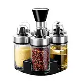 Mlici Gewürzgläser Set mit Drehteller Organizer - 6 Stück 100ml Rund Gewürzdosen aus Glas - Gewürzflasche mit 3 Verschiedenen Ausläufen für Salz, Pfeffer, Essig, Öl, Gewürze, Paprika