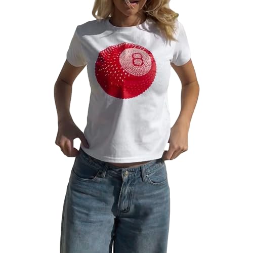 WangsCanis Damen Y2k Graphic Baby T-Shirts Kurzarm Grafikdruck Crop Tops Fairy Grunge E Mädchen Cute Schlank Fit Hemd (Cc White, M)