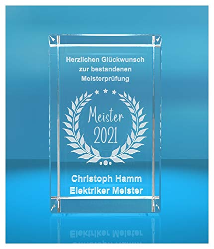 ELUNO 3D Glasquader | Meister + Jahreszahl | Glückwunsch mit Wunschtext | Geschenk zur Meisterprüfung