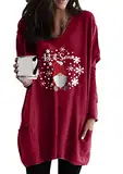 YMING Damen-Sweatshirt mit Rundhalsausschnitt, langärmelig, bedruckt, Übergröße, lockere Passform, Pullover mit Taschen, Dunkelrot, XXX-Large
