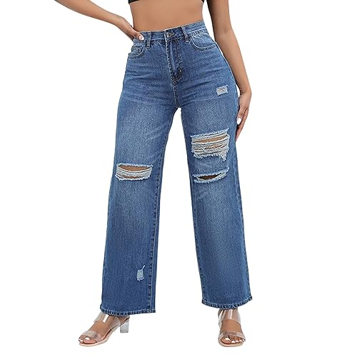 Eauptffy Jeanshosen für Teenager Mädchen Mode High Waist Asymmetrische Loch Jeans Casual Baggy Gerade Jeanshose Stretch Denim Pants Bootcut Jeans Bund Gerissen Lange Hose