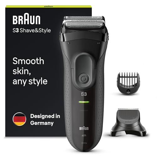 Braun Series 3 Rasierer Herren, 3-in-1 Elektrorasierer, Barttrimmer mit 5 Kammaufsätzen, Wet&Dry, Geschenk Mann, Made in Germany, 3000BT, schwarz/grau