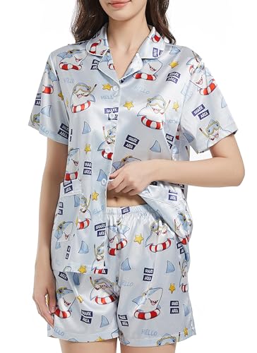 Guunify Satin Pyjama Kurz Damen Schlafanzug Kurzarm Pyjamas Set mit Knopfleiste Nachtwäsche Zweiteiliger Sets Hausanzug Hai S