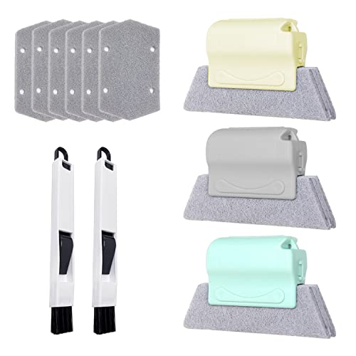 Set mit 3 Reinigungsbürsten für Fensterschlitze (Meterware, Grau, Grün) und 6 Ersatzpads, 2 kleine schwarze Bürsten, Handreinigungsbürste für Türschiene, schnelles Reinigen.