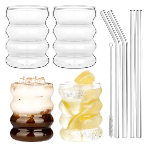 Withosent 300ml Bubble Gläser mit Strohhalm, 4er Gerippte Trinkgläser Set, Wave Gläser Tumbler Glasbecher, Wassergläser für Latte Macchiato Eiskaffee Whisky Cocktails Joghurt Soda Kaffee