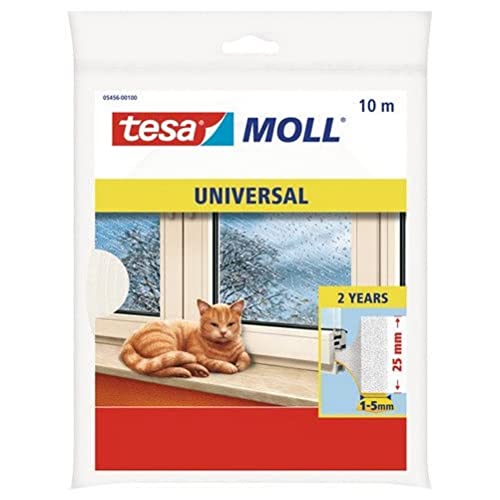 tesamoll Universal Schaumstoff - Schaumstoffdichtung zum Isolieren von Spalten im Haushalt, selbstklebend - Weiß - 10 m x 25 mm x 5,5 mm